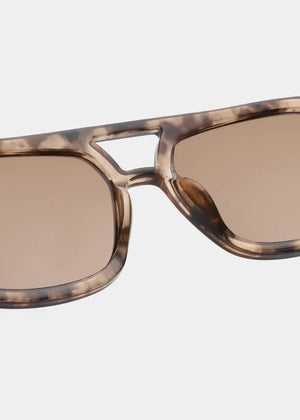 Sunglasses with tortoiseshell frame and brown lenses on a white background