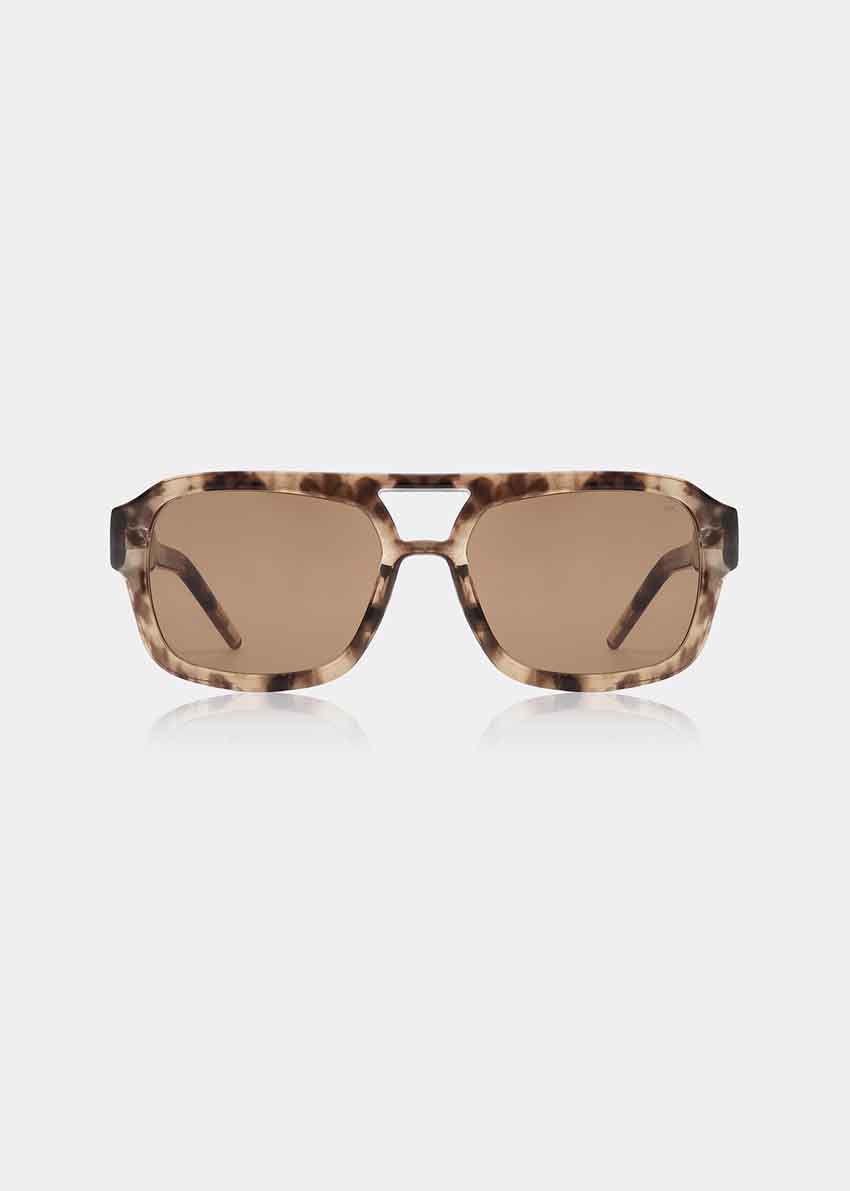 Sunglasses with tortoiseshell frame and brown lenses on a white background