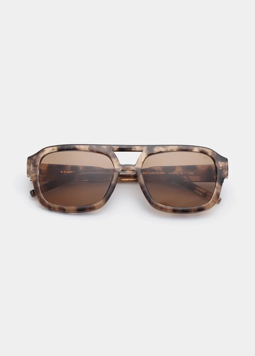 Sunglasses with tortoiseshell frame and brown lenses on a white background
