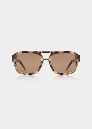 Sunglasses with tortoiseshell frame and brown lenses on a white background