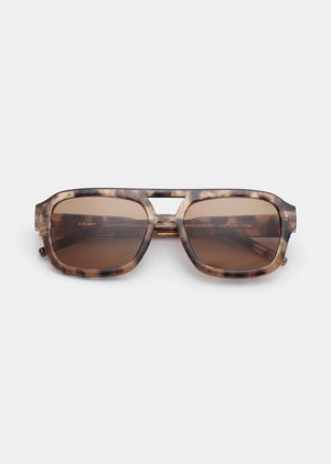 Sunglasses with tortoiseshell frame and brown lenses on a white background
