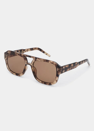 Sunglasses with tortoiseshell frame and brown lenses on a white background
