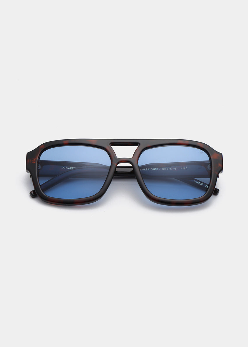 Sunglasses with blue lenses on a white background