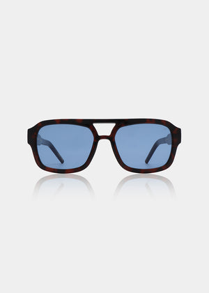 Sunglasses with a dark frame and blue lenses on a light gray background