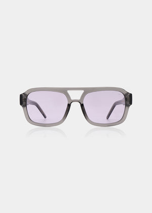 Sunglasses with a gray frame and purple lenses on a white background
