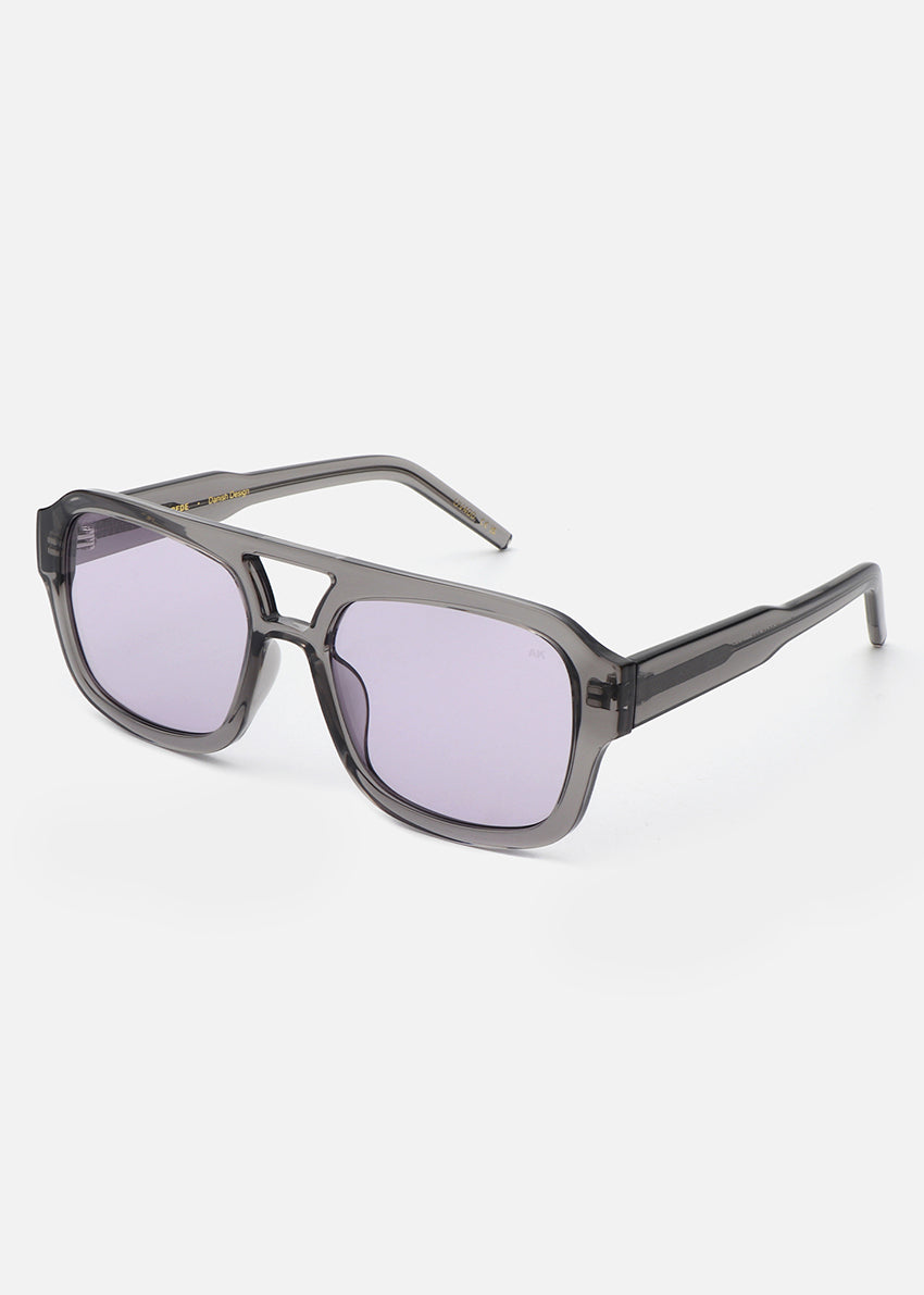 Sunglasses with gray frame and purple lenses on a white background