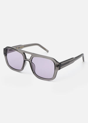 Sunglasses with gray frame and purple lenses on a white background