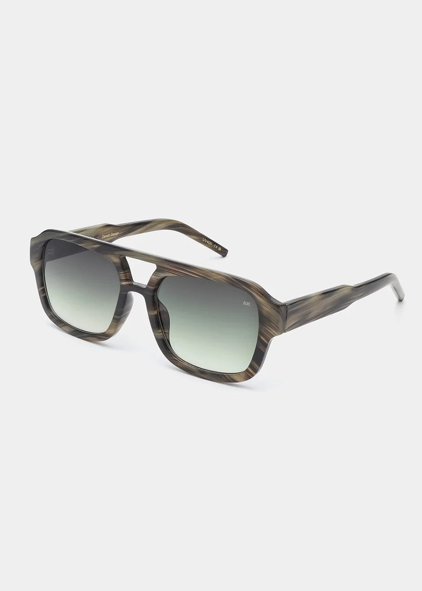 Sunglasses with a wood-like frame on a white background