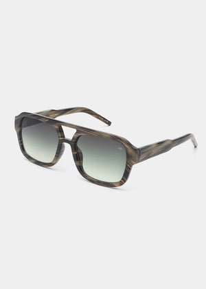 Sunglasses with a wood-like frame on a white background