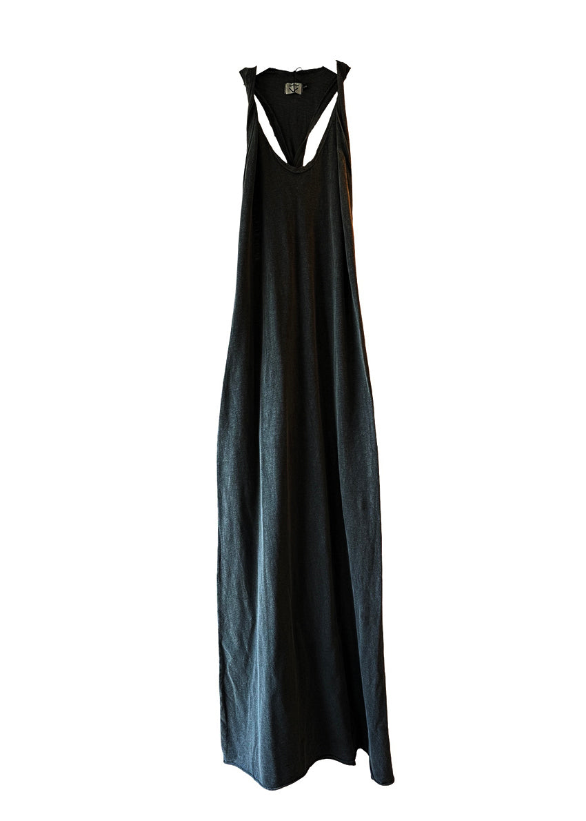 Black sleeveless dress with white trim on a white background