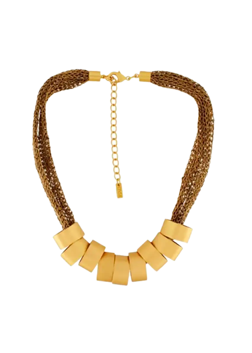 A knitted necklace with a short chain design, featuring a mix of gold and silver-plated finishes and multiple polished rings.