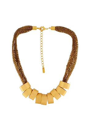 A knitted necklace with a short chain design, featuring a mix of gold and silver-plated finishes and multiple polished rings.