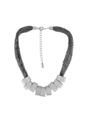 A knitted necklace with a short chain design, featuring a mix of gold and silver-plated finishes and multiple polished rings.