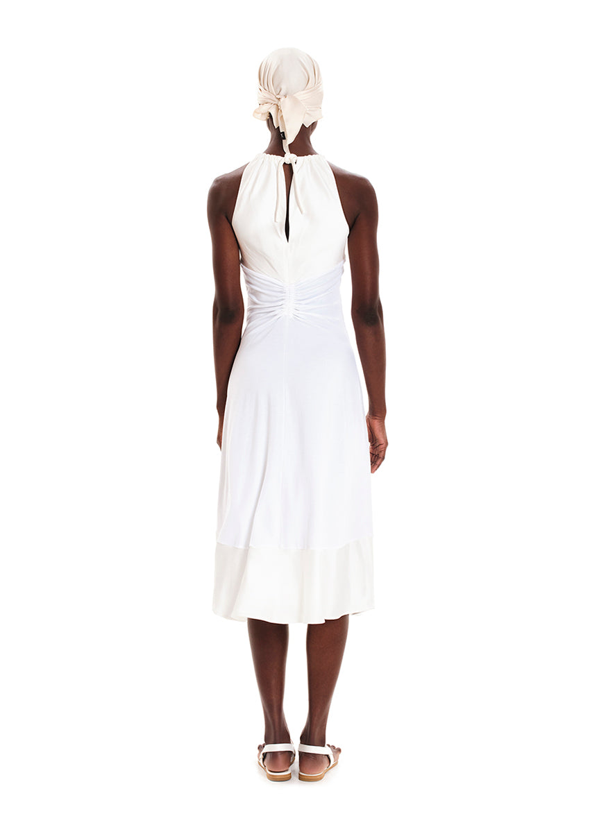 Halter neck, midi dress made of a combination of jersey and silky EcoVero viscose.