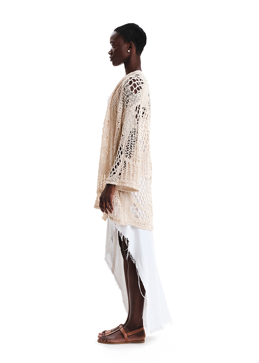 Asymmetrical maxi dress made of linen and bamboo blend with a linen look.