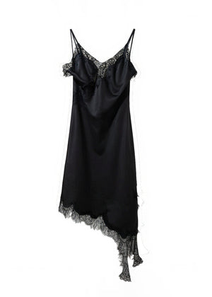 Black satin slip dress with lace details on a white background