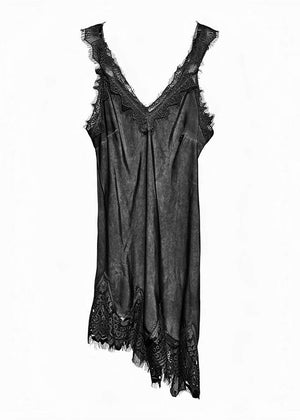 Black lace slip dress on a white background