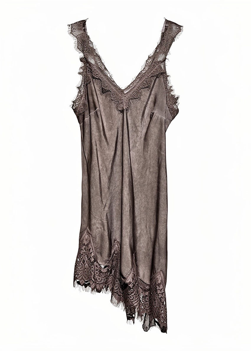 Brown lace slip dress on a white background