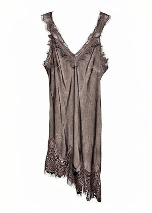Brown lace slip dress on a white background