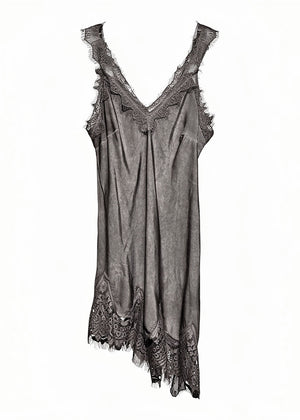 Grey lace slip dress on a white background
