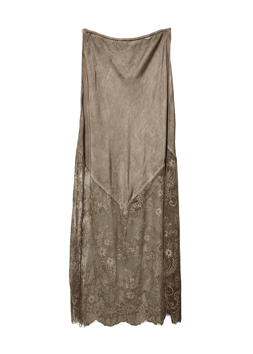 Long, sheer lace skirt with floral patterns on a white background