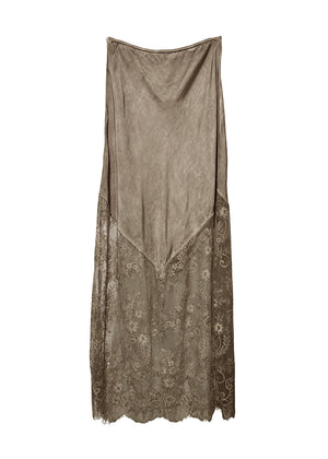 Long, sheer lace skirt with floral patterns on a white background