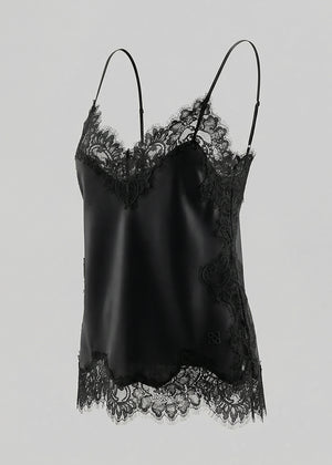 Black lace-trimmed satin camisole on a light gray background