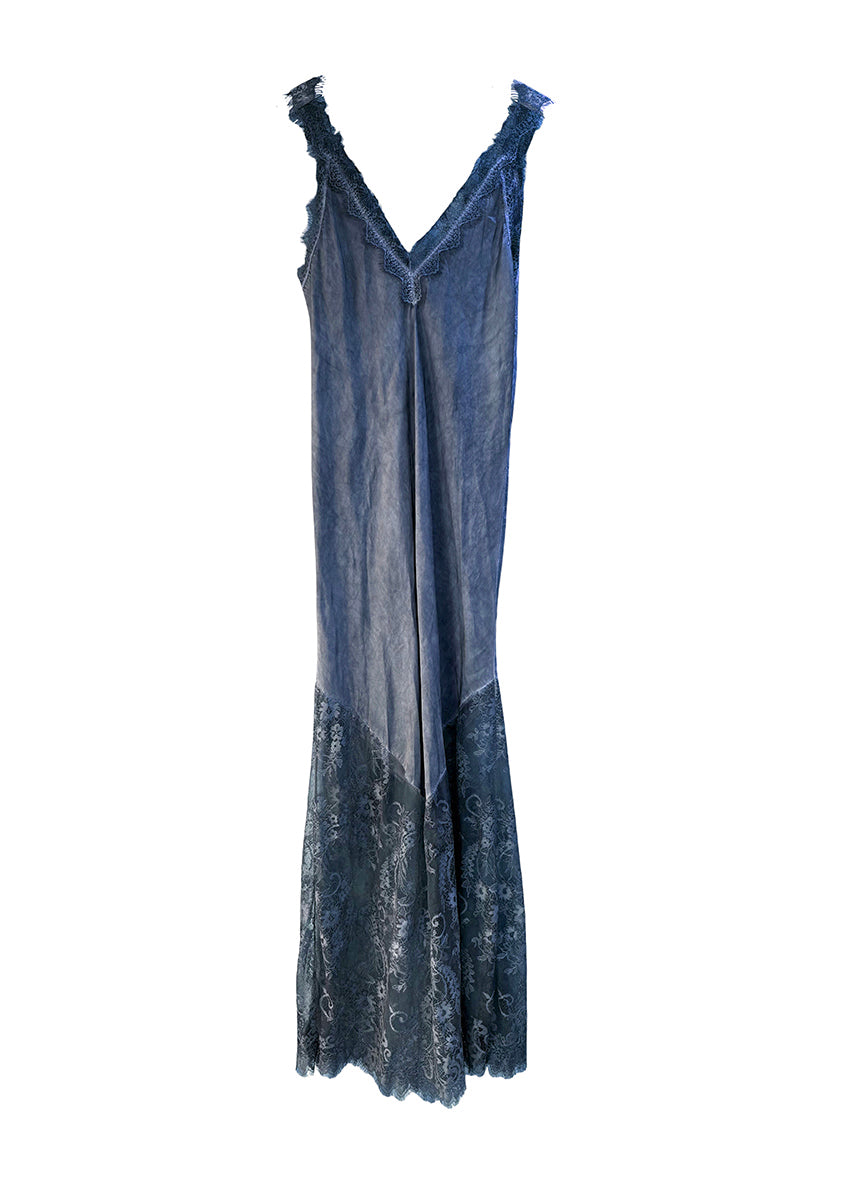 Discover timeless elegance with our Blue Viscose Satin Full-Length Dress. Crafted from a lightweight satin weave, features a flattering V-neckline and delicate lace trim with scallop edges. The lace panel at the hem and scallop hemline , perfect for any occasion. With a convenient pull-on style