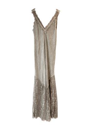 Discover timeless elegance with our Tan Viscose Satin Full-Length Dress. Crafted from a lightweight satin weave, features a flattering V-neckline and delicate lace trim with scallop edges. The lace panel at the hem and scallop hemline , perfect for any occasion. With a convenient pull-on style