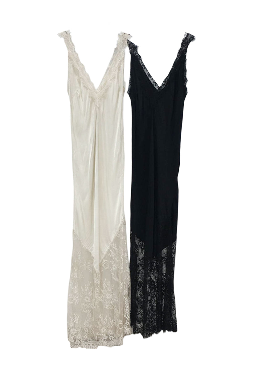 Discover timeless elegance with our Viscose Satin Full-Length Dress. Crafted from a lightweight satin weave, features a flattering V-neckline and delicate lace trim with scallop edges. The lace panel at the hem and scallop hemline , perfect for any occasion. With a convenient pull-on style