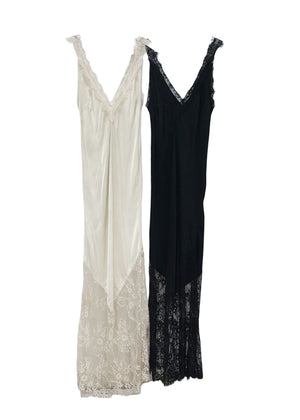 Discover timeless elegance with our Viscose Satin Full-Length Dress. Crafted from a lightweight satin weave, features a flattering V-neckline and delicate lace trim with scallop edges. The lace panel at the hem and scallop hemline , perfect for any occasion. With a convenient pull-on style