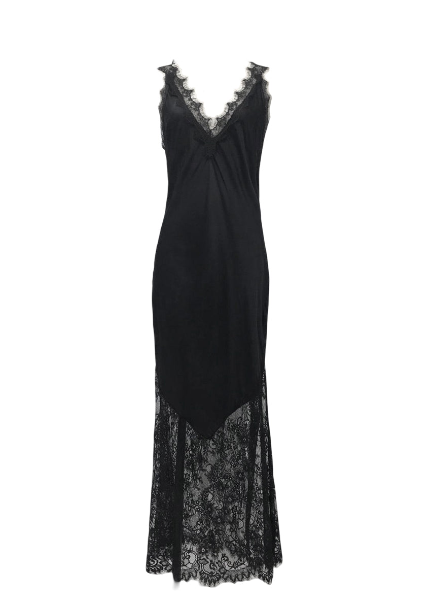 Discover timeless elegance with our Black Viscose Satin Full-Length Dress. Crafted from a lightweight satin weave, features a flattering V-neckline and delicate lace trim with scallop edges. The lace panel at the hem and scallop hemline , perfect for any occasion. With a convenient pull-on style