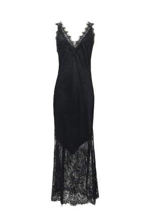 Discover timeless elegance with our Black Viscose Satin Full-Length Dress. Crafted from a lightweight satin weave, features a flattering V-neckline and delicate lace trim with scallop edges. The lace panel at the hem and scallop hemline , perfect for any occasion. With a convenient pull-on style