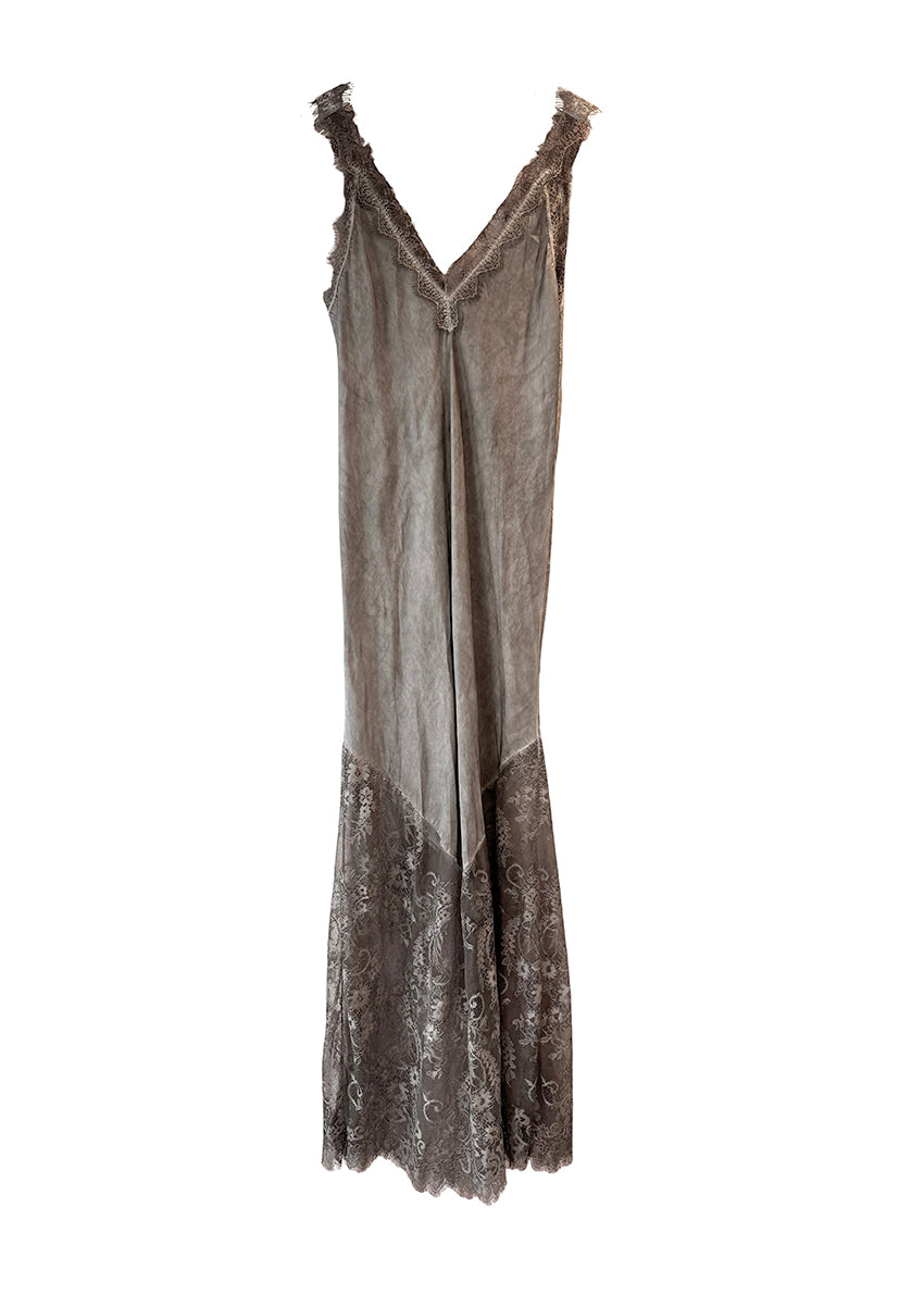 Discover timeless elegance with our Brown Grey Viscose Satin Full-Length Dress. Crafted from a lightweight satin weave, features a flattering V-neckline and delicate lace trim with scallop edges. The lace panel at the hem and scallop hemline , perfect for any occasion. With a convenient pull-on style