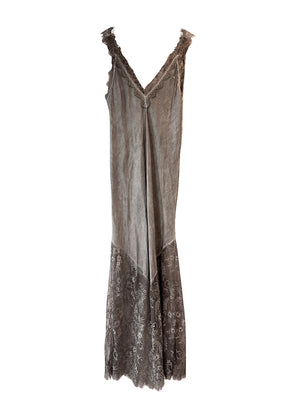 Discover timeless elegance with our Brown Grey Viscose Satin Full-Length Dress. Crafted from a lightweight satin weave, features a flattering V-neckline and delicate lace trim with scallop edges. The lace panel at the hem and scallop hemline , perfect for any occasion. With a convenient pull-on style