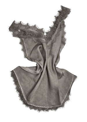 Gray top with lace trim on a white background