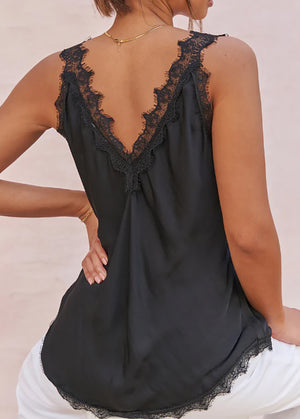 A black lace V-neck tank top with delicate lace trim on a white background.