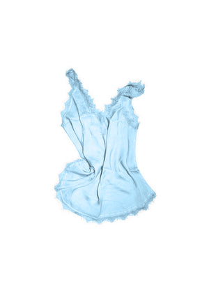 A blue alice lace V-neck tank top with delicate lace trim on a white background.