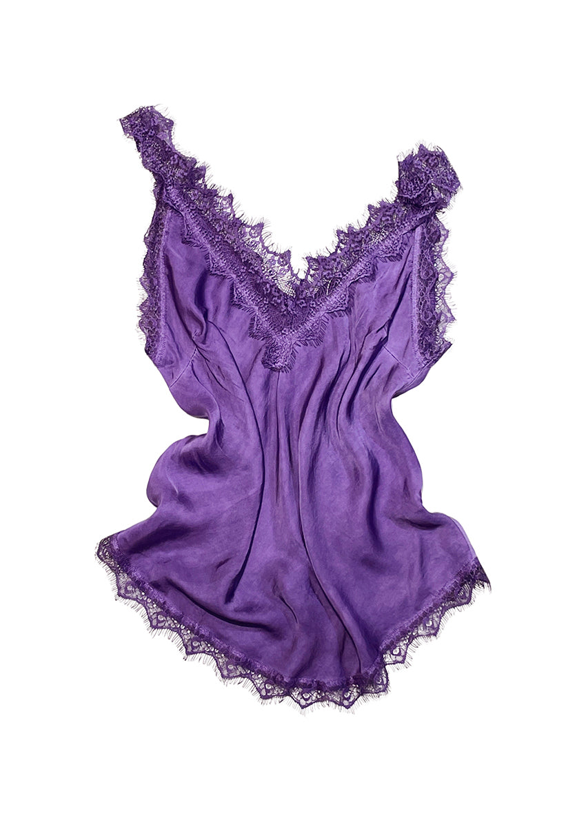 A dark orchid lace V-neck tank top with delicate lace trim on a white background.