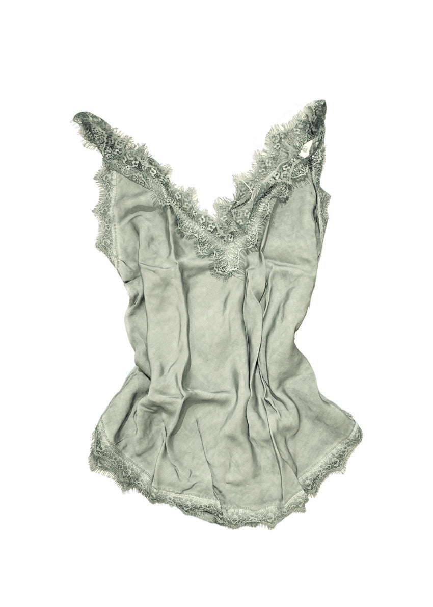 A dark sea green lace V-neck tank top with delicate lace trim on a white background.