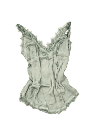 A dark sea green lace V-neck tank top with delicate lace trim on a white background.