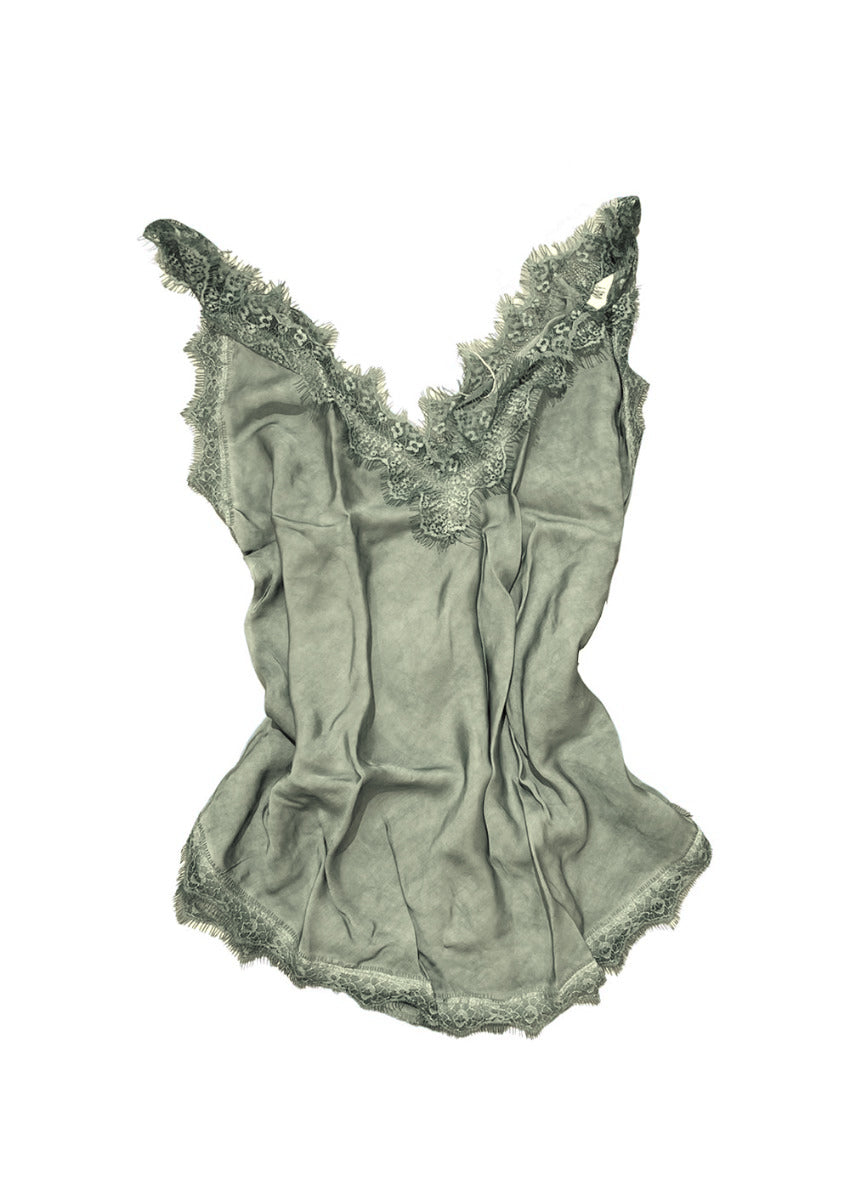 A dark sea green lace V-neck tank top with delicate lace trim on a white background.