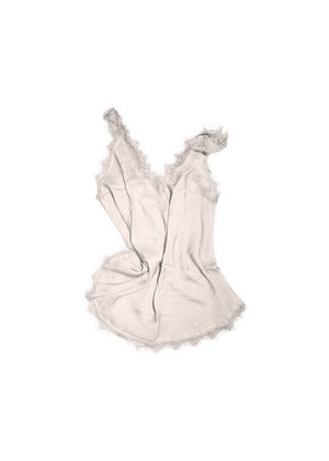 A floralwhite lace V-neck tank top with delicate lace trim on a white background.