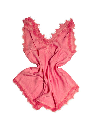 A hot pink lace V-neck tank top with delicate lace trim on a white background.