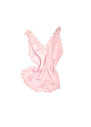 A light pink lace V-neck tank top with delicate lace trim on a white background.