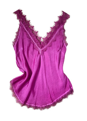 A magenta lace V-neck tank top with delicate lace trim on a white background.