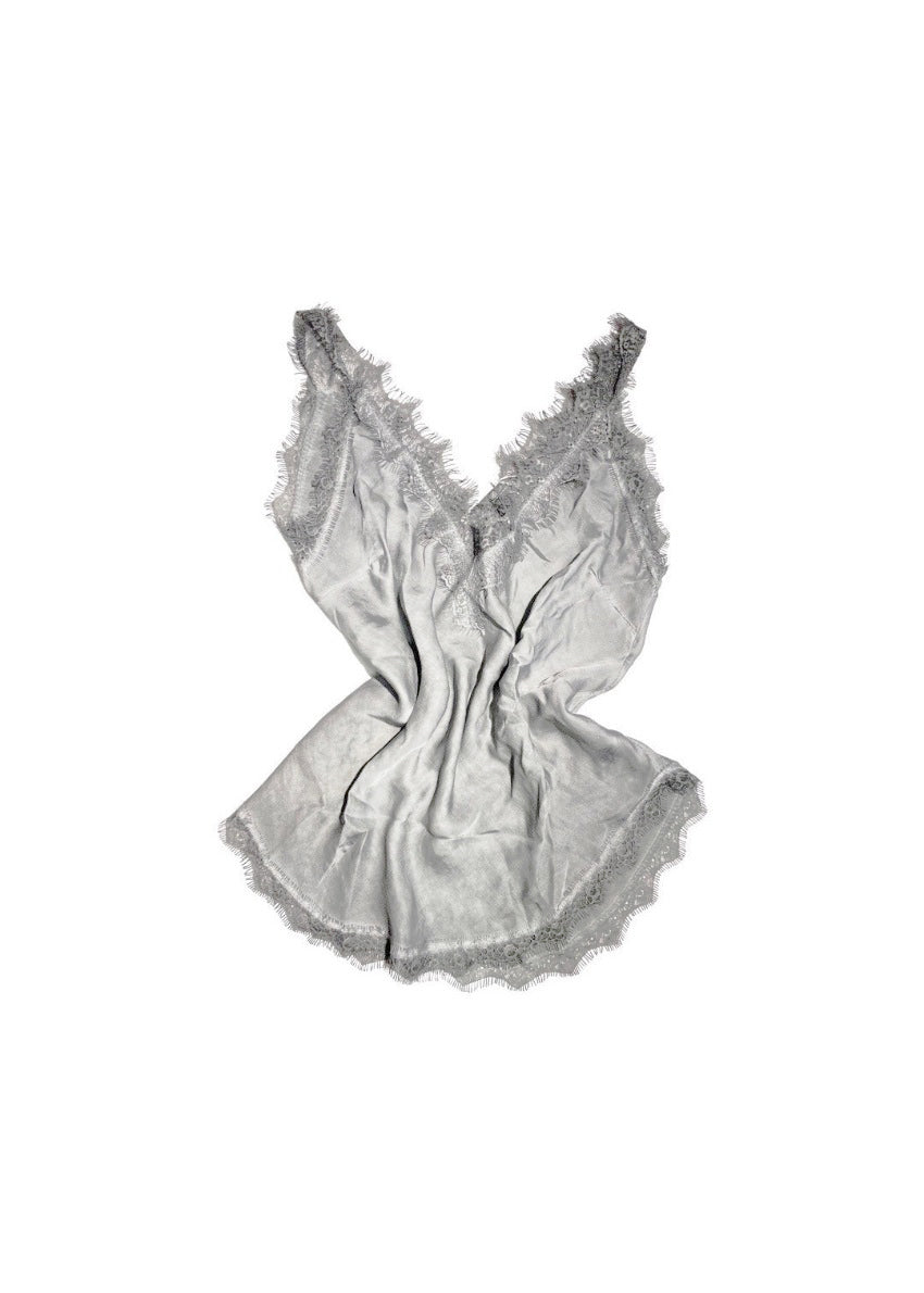 A silver lace V-neck tank top with delicate lace trim on a white background.