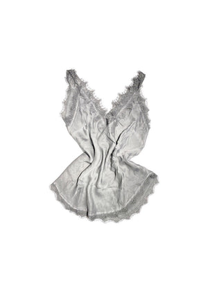 A silver lace V-neck tank top with delicate lace trim on a white background.