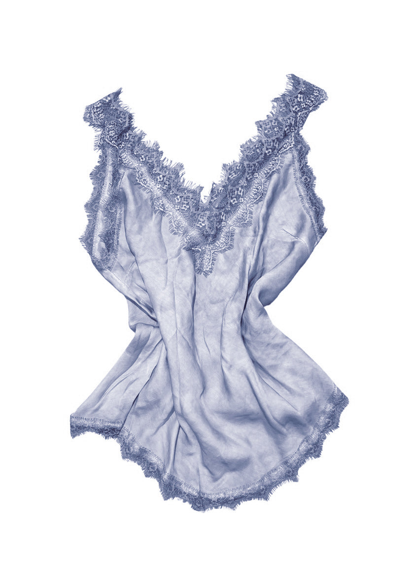 A steel blue lace V-neck tank top with delicate lace trim on a white background.
