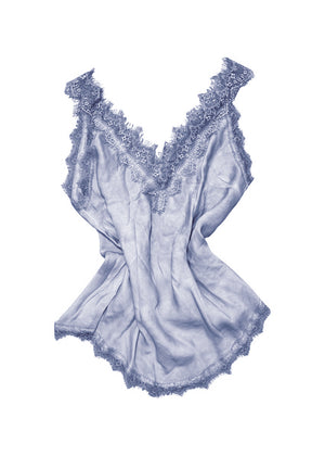 A steel blue lace V-neck tank top with delicate lace trim on a white background.